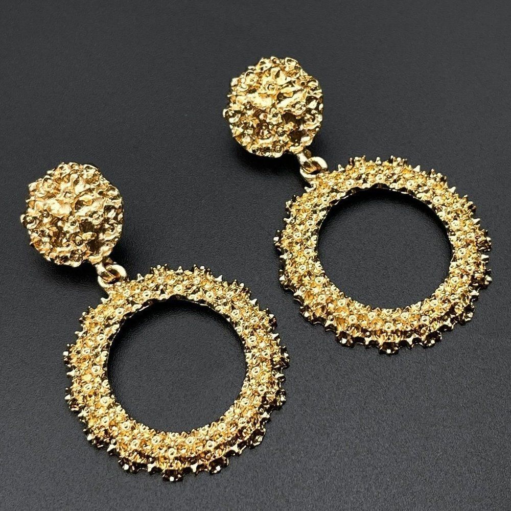Yellow Gold Double Round Circular Textured Dangling Drop Post Back Earrings